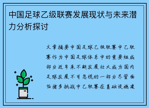 中国足球乙级联赛发展现状与未来潜力分析探讨