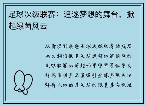 足球次级联赛：追逐梦想的舞台，掀起绿茵风云