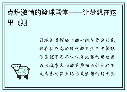 点燃激情的篮球殿堂——让梦想在这里飞翔