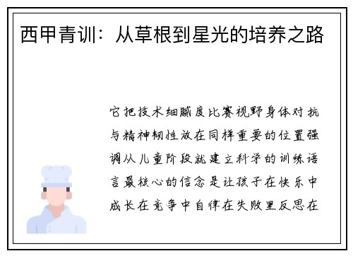 西甲青训：从草根到星光的培养之路